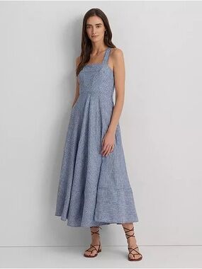 NWT Ralph Lauren Linen Square Neck Striped Midi Dress